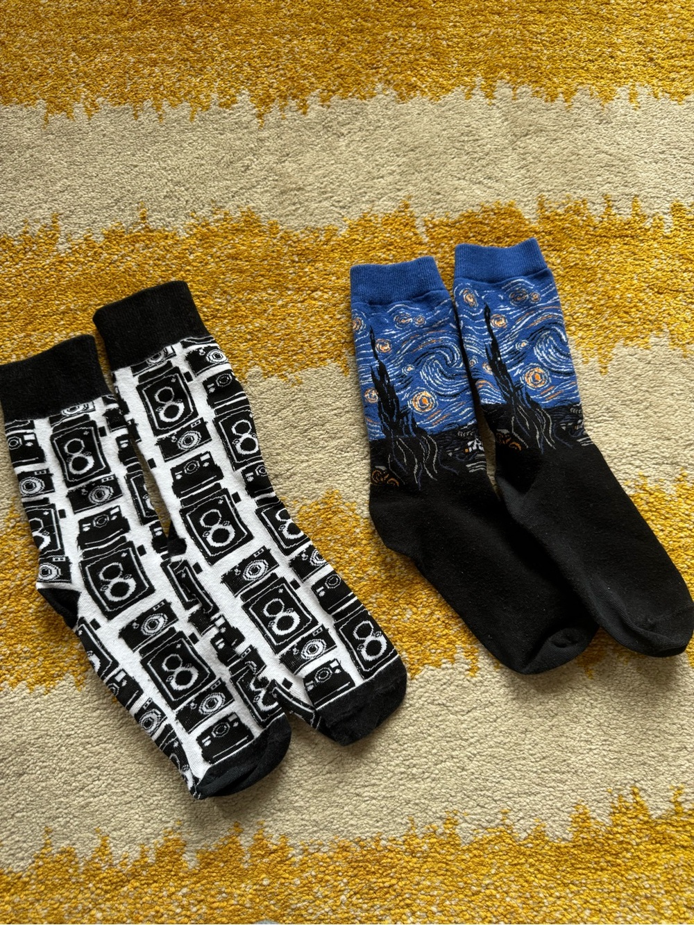 Two pairs of quirky fun printed socks: vintage cameras & van Gogh's Starry Night
